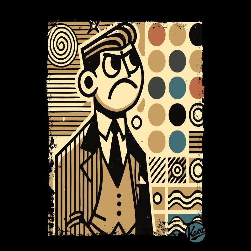 Angry retro man chooses wallpaper