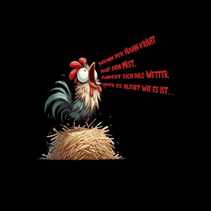 Comic rooster crowing on straw bale