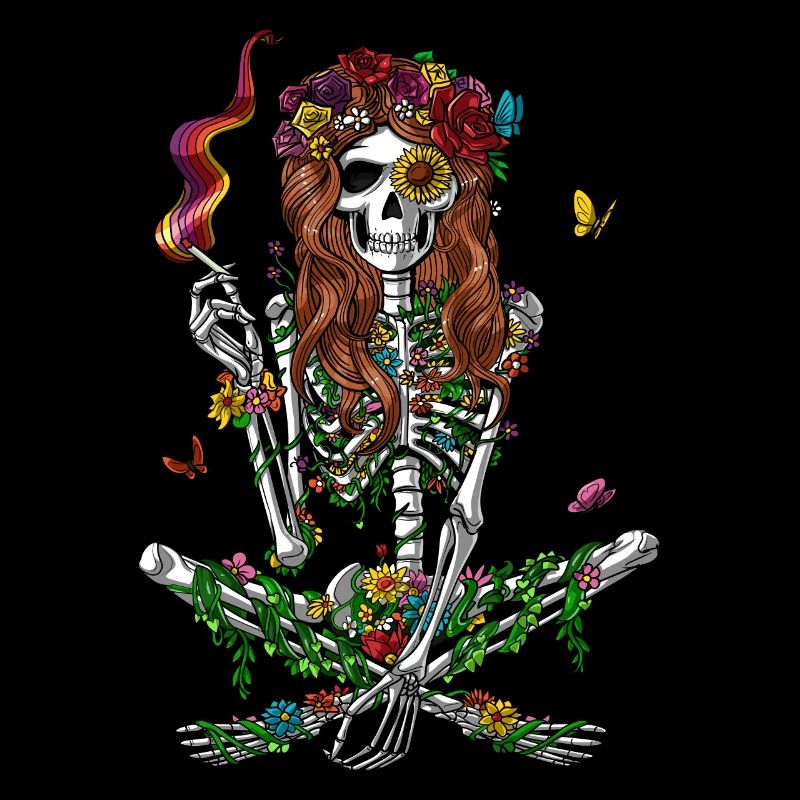 Hippie-Skelett, das psychedelisches Unkraut raucht