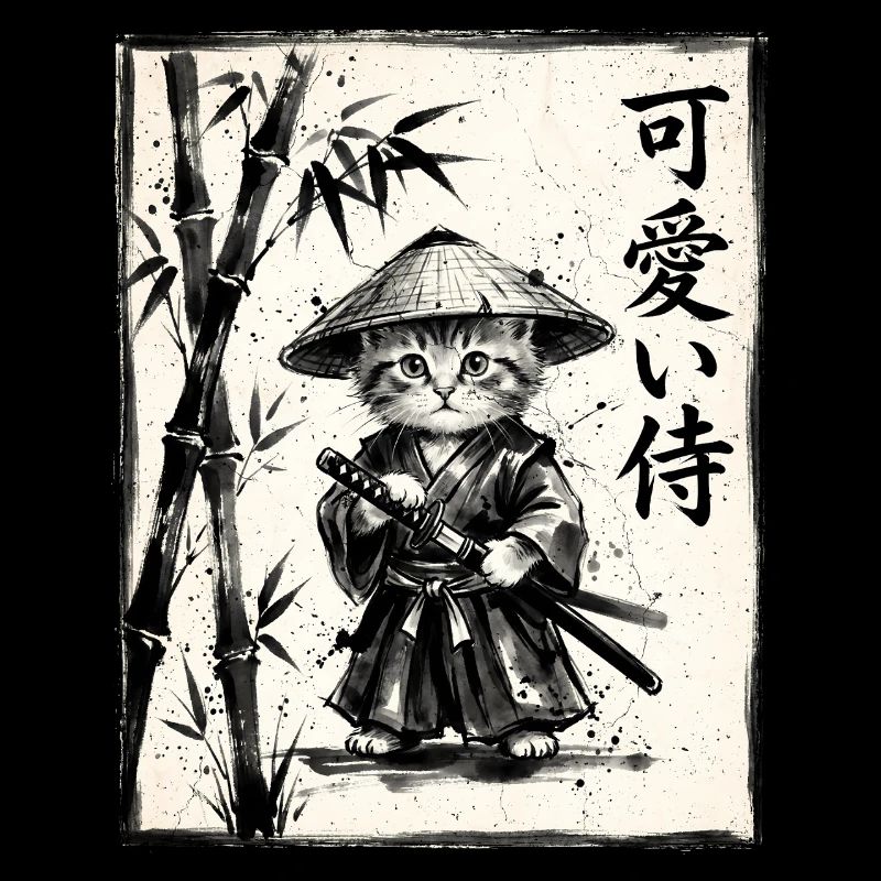 Samurai Katze Sumi-e Tuschezeichnung