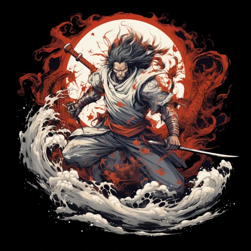 Anime Samurai Character Fights with Fire Sword