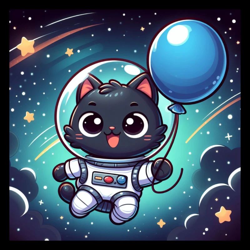 Space Kitty with blue balloon in space