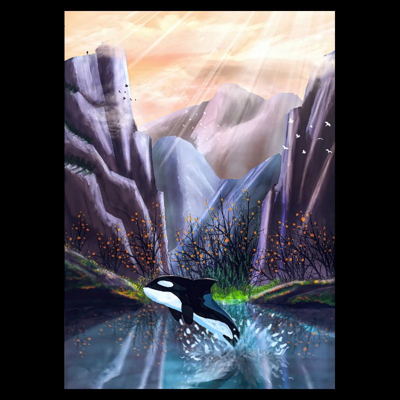 Orcas springen im Bergtal