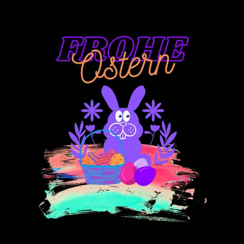Frohe Ostern Hase mit Korb voll bunter Eier