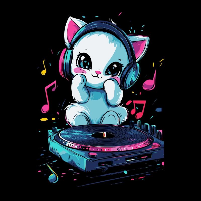 Chat mignon avec des écouteurs et un disque vinyle