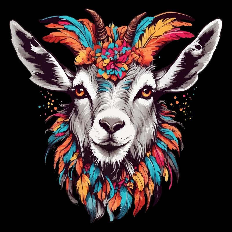 Colorful goat billy goat decorated with feathers