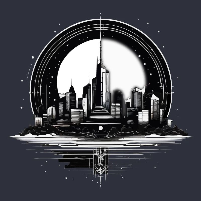 Architecture, City in Moonlight with Reflection