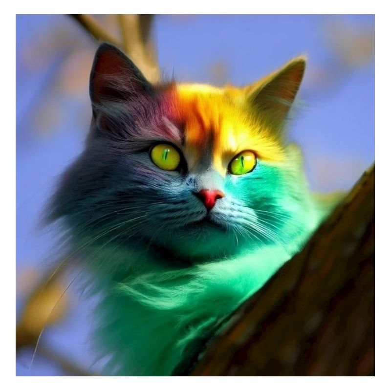 Chat multicolore sur un arbre