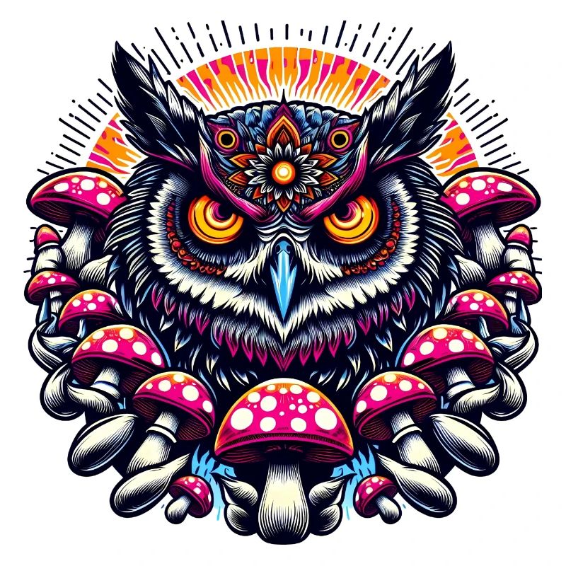 Bunte Eule mit Pilzen