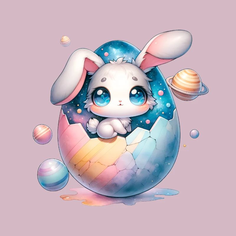 Chibi Space Bunny Sitting In a Cracked Easter Egg