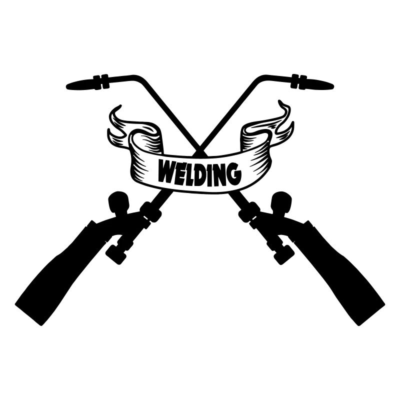 Two crossed welding machines with text banner