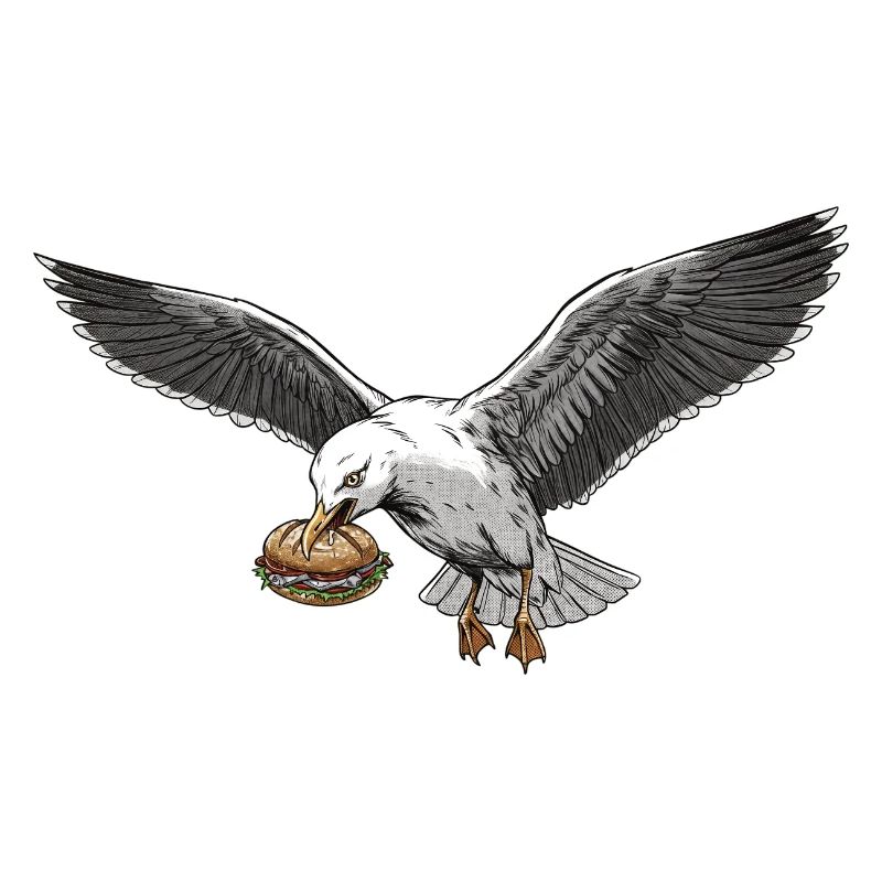 Funny Seagull Steals Fish Rolls Beach