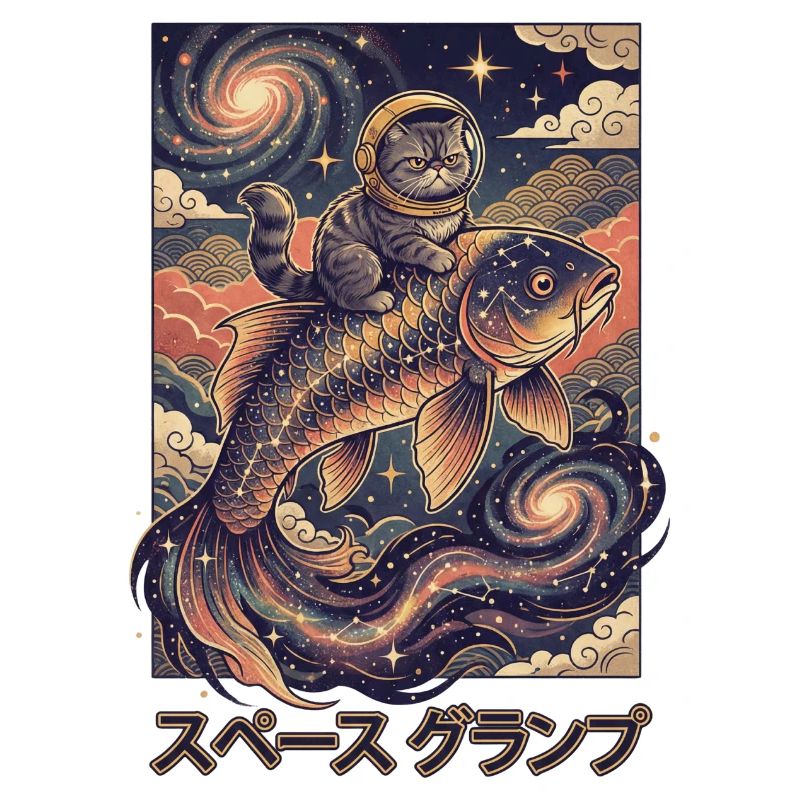 Astronaut cat on cosmic koi