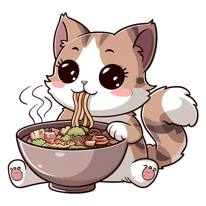 Chat Kawaii mangeant des ramen