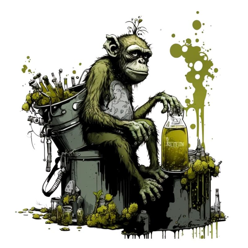 Chimpanzés devant la bouilloire de brassage, front spécial