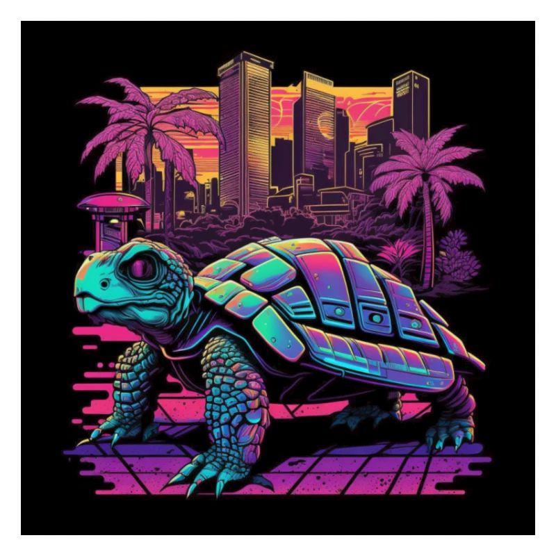 Schildkröte mit Neonfarben, Synthwave / 80er Jahre