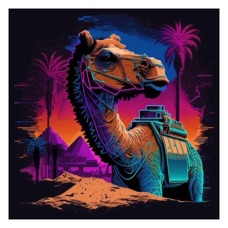 Kamel mit Neonfarben, Synthwave / 80er Jahre