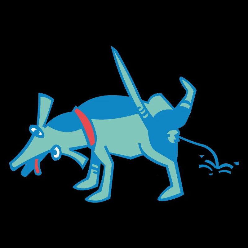 kleiner, blauer Hund pullert an eine Wand