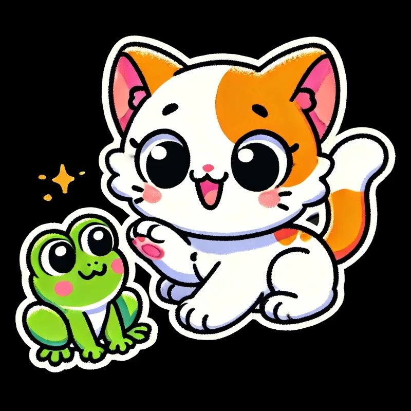 Cute ginger white Cat met a frog