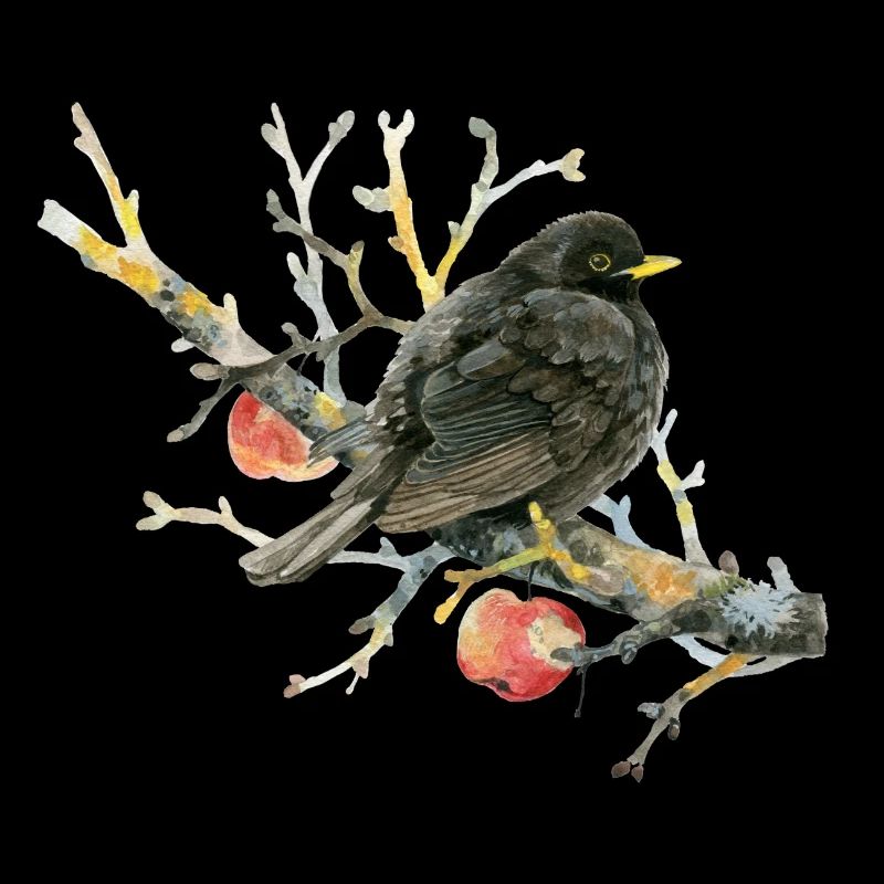 Lovingly painted blackbird on an apple branch