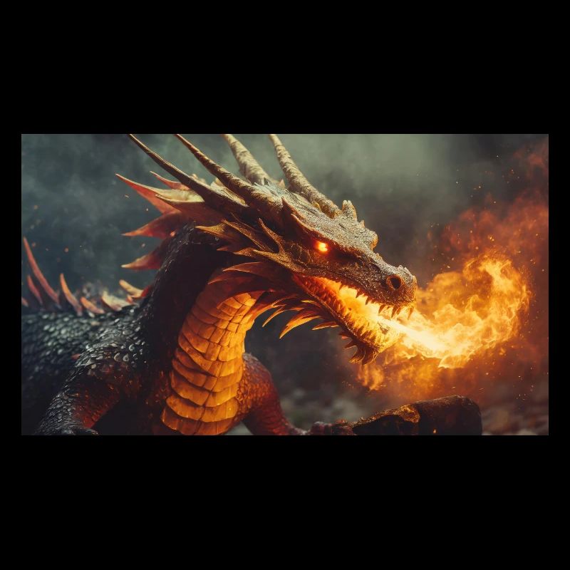 A realistic majestical dark dragon spitting flames