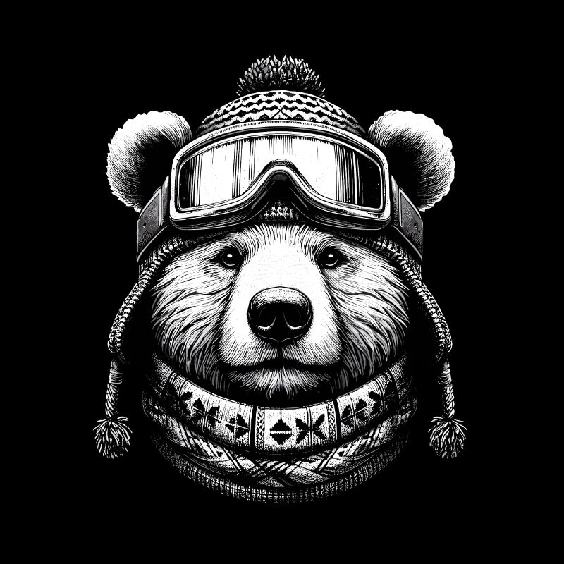 Bear with ski goggles loves snowboarding and skiing