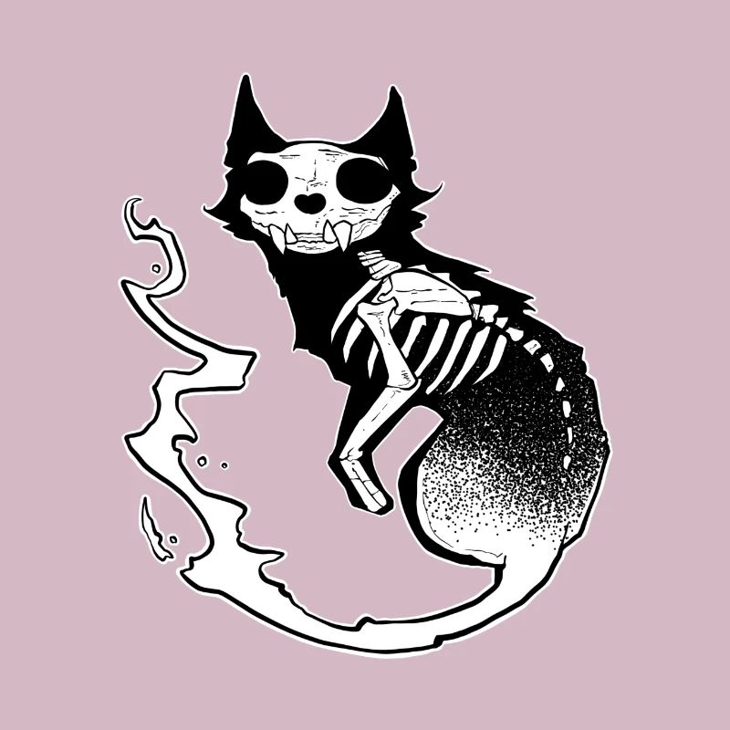 Totenkopf schwarze Katze dunkle Halloween dotwork Kunst