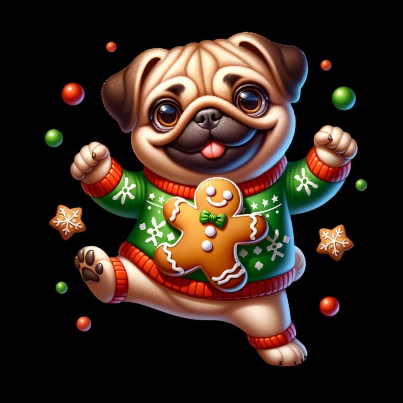 Funny Christmas Pug & Gingerbread Man