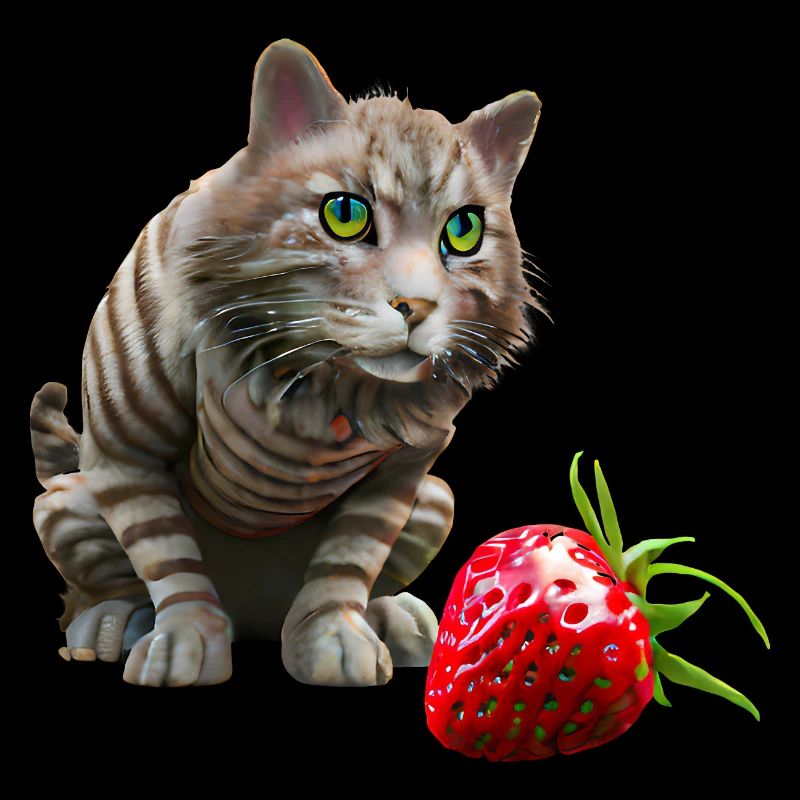 Katze vor riesiger Erdbeere