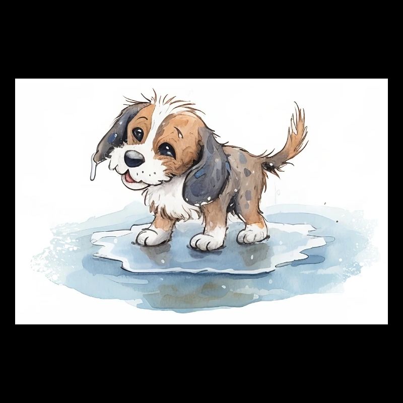 Happy dog playing in a rain puddle