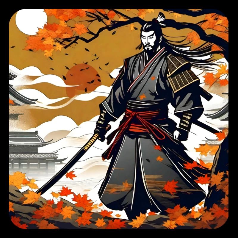 Proud samurai warrior with katana in autumn