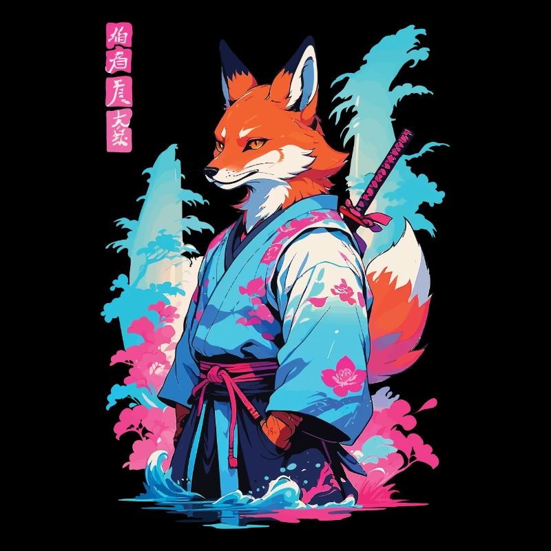 Kitsune Samurai Fuchs Aesthetic Vaporwave Stil