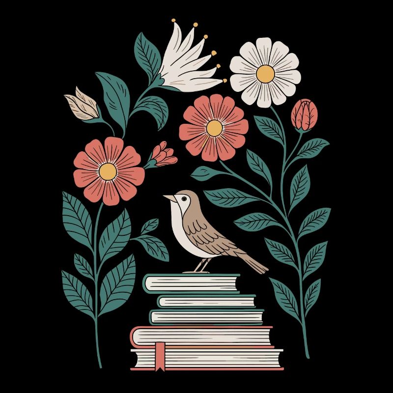 Cottagecore: Vogel und Blumen auf Büchern