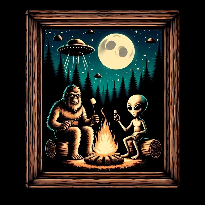 Bigfoot with alien at the campfire