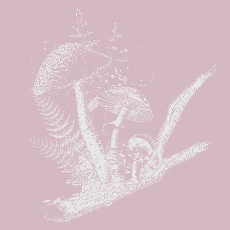composition dessinée champignons forestiers, graminées et branches