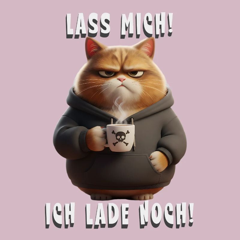 Lass mich! Ich lade noch – Müde Katze mit Kaffee