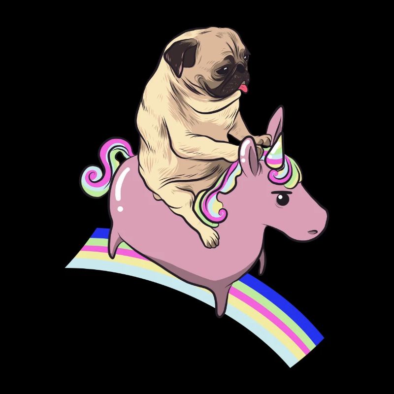 Mops reitet auf einem Einhorn