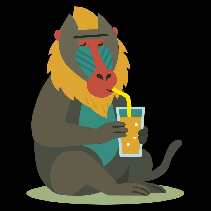 bunter Mandrill genießt entspannt ein Glas Saft