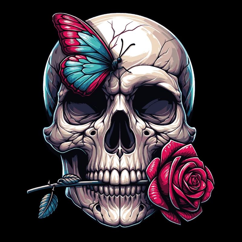Crâne avec rose rouge et papillon