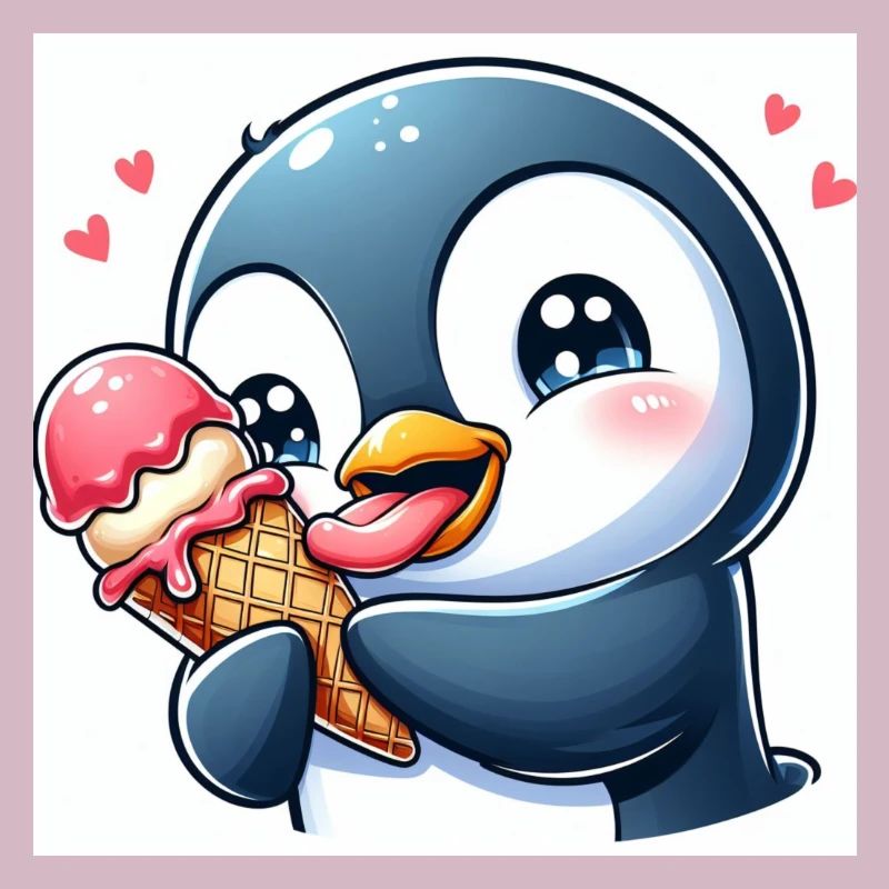 Süsser Pinguin am Softeis essen. Pinguin mit Eis