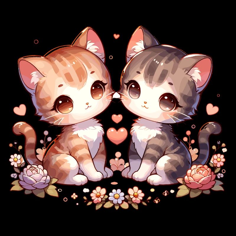 Chats mignons avec des cœurs et des fleurs