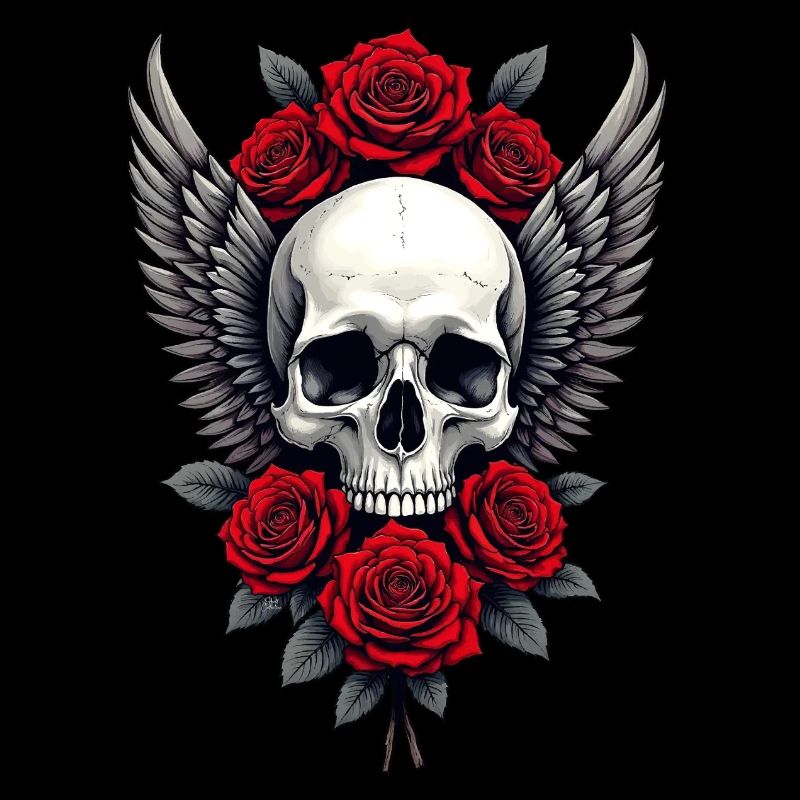 Winged skull & red roses, gothic, skull