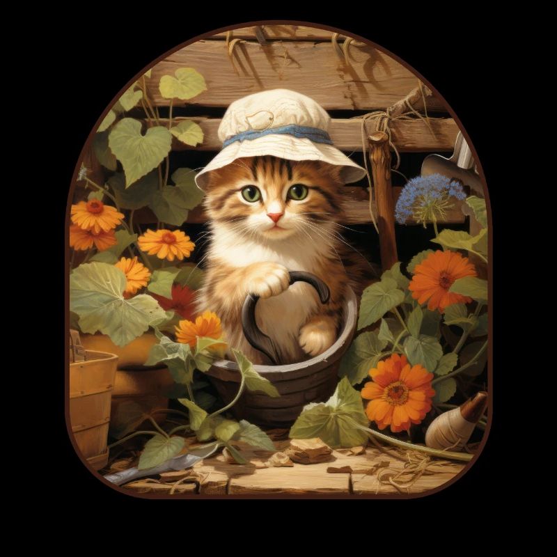 Cottagecore Gartenkatze kümmert sich um eine Laune