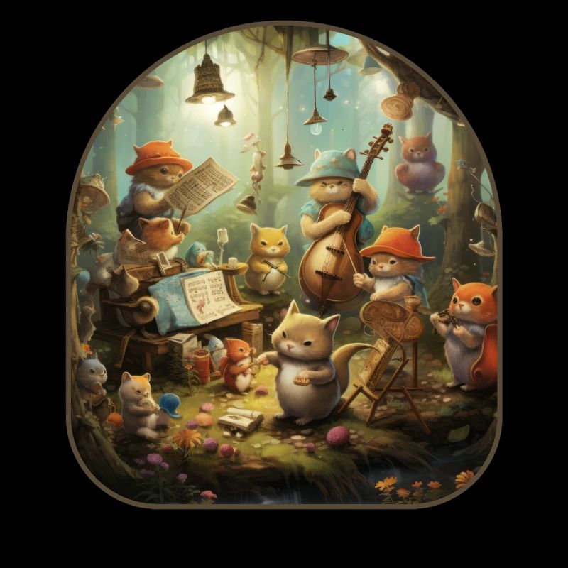 Musical Forest Cats and Mushrooms in a Harmonious