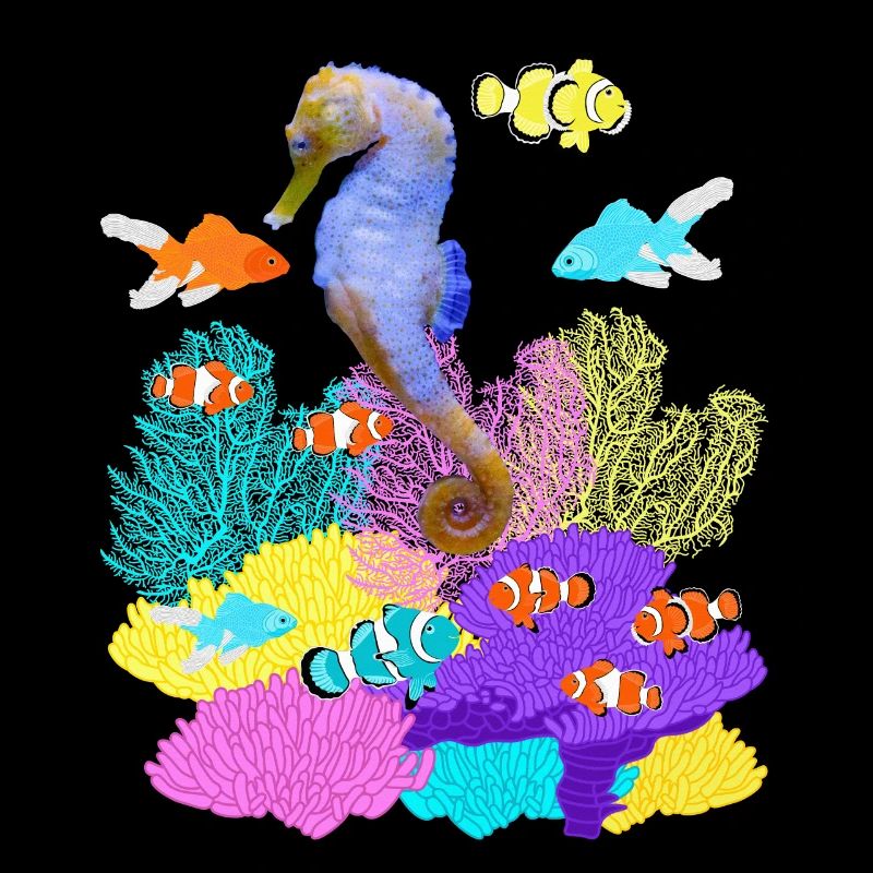 Seepferdchen, Goldfisch, Clownfisch, Korallen Riff