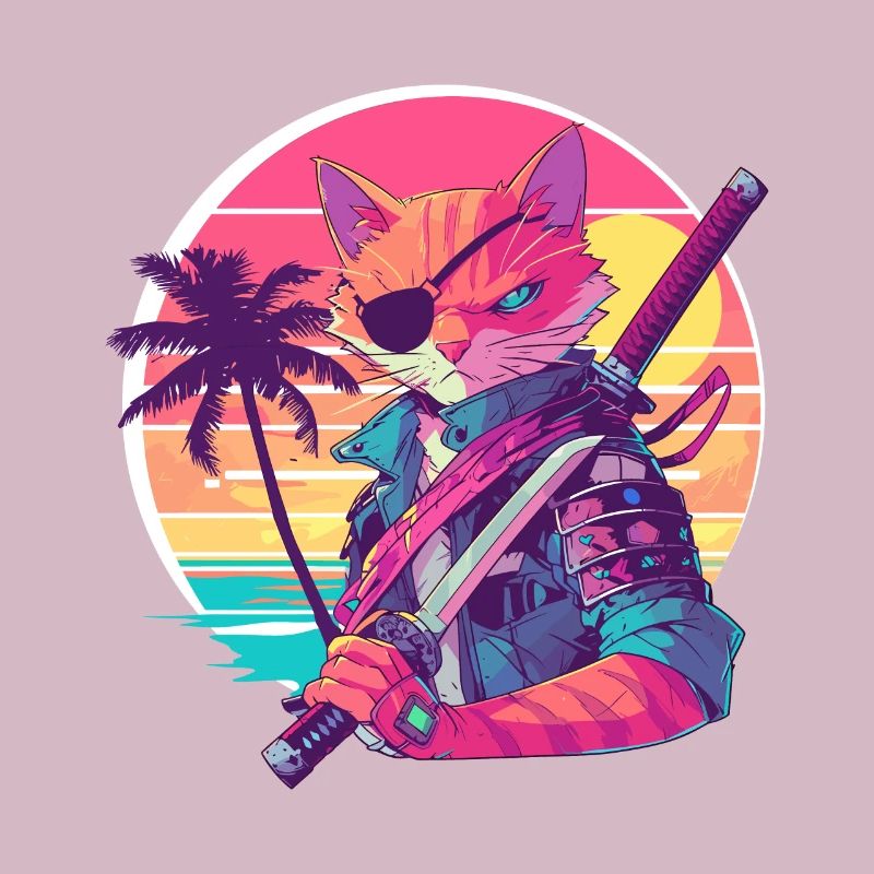 Cat Samurai 80er Vintage Stil