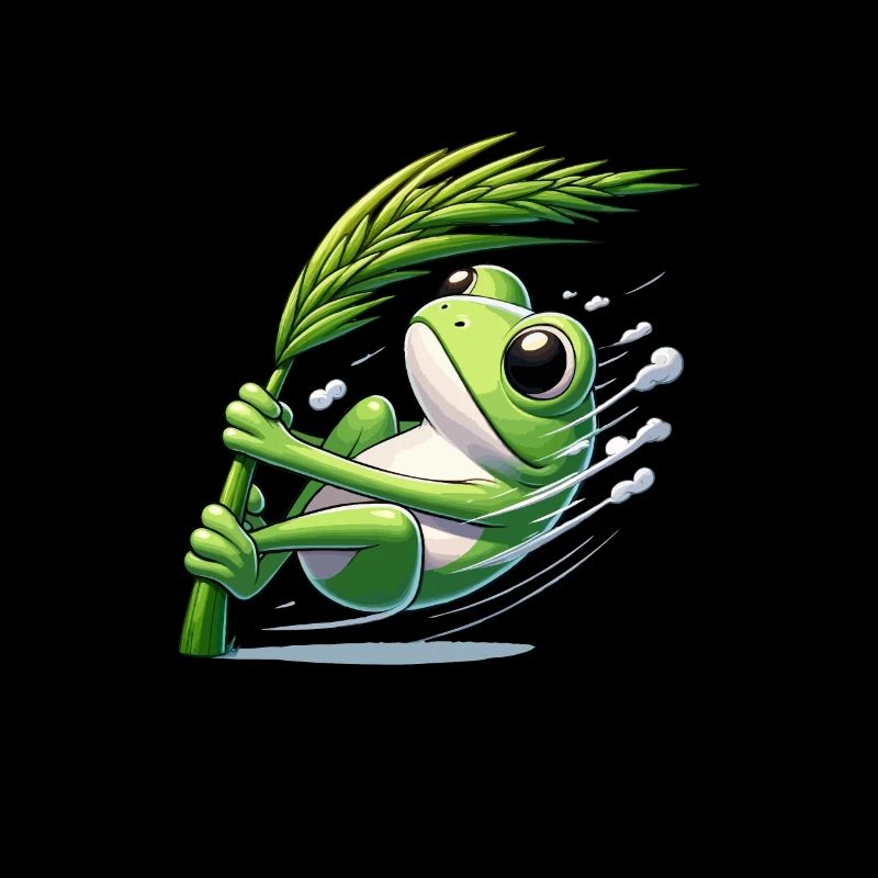 Grenouille comique accrochée à un brin d’herbe