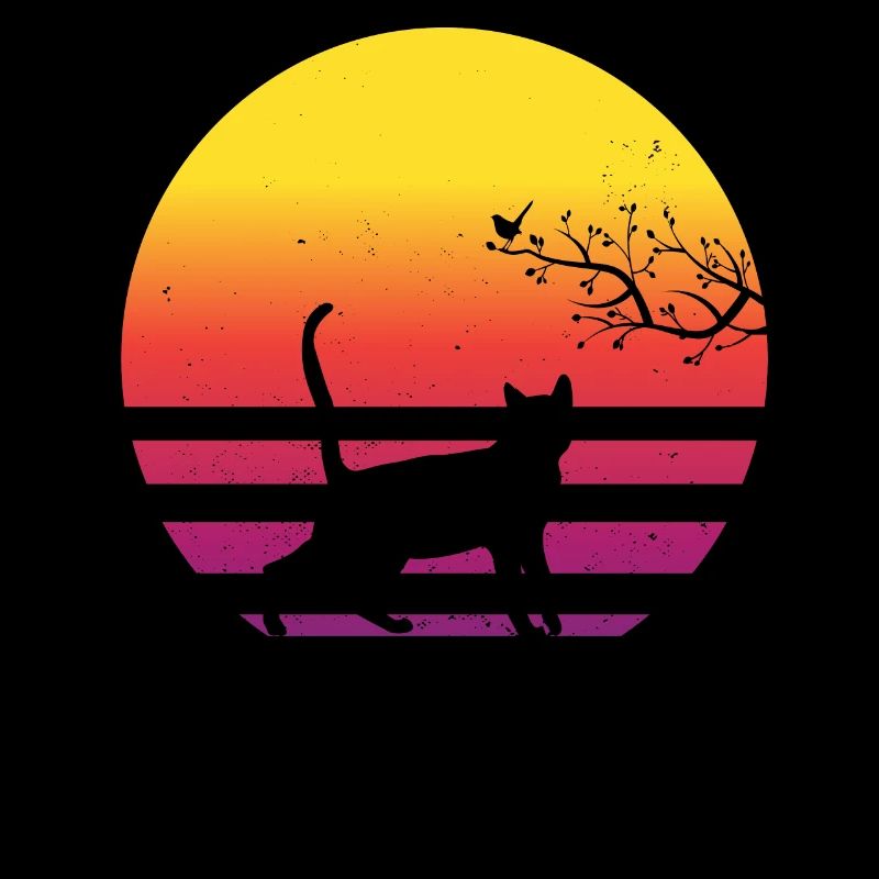 Cat Bird on Tree Retro Vintage Sunset