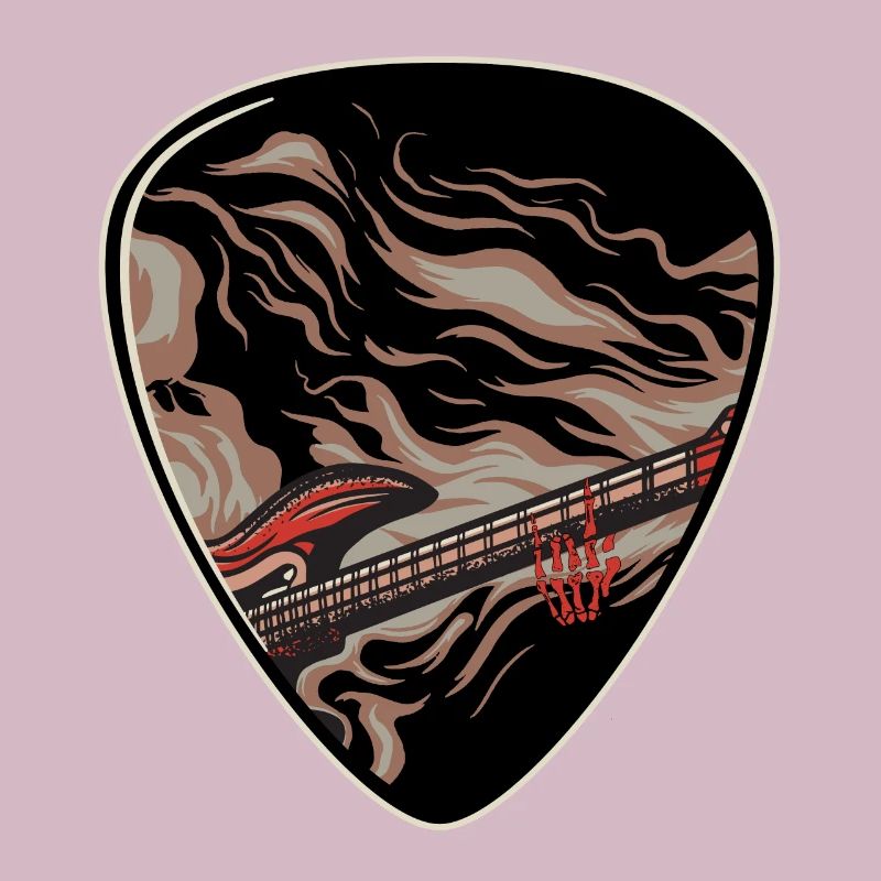Plectrum with devil's greeting and burning guitar