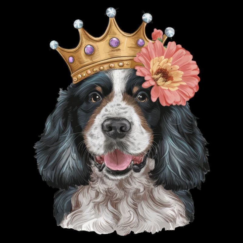 Cocker Spaniel mit Blumen und Krone